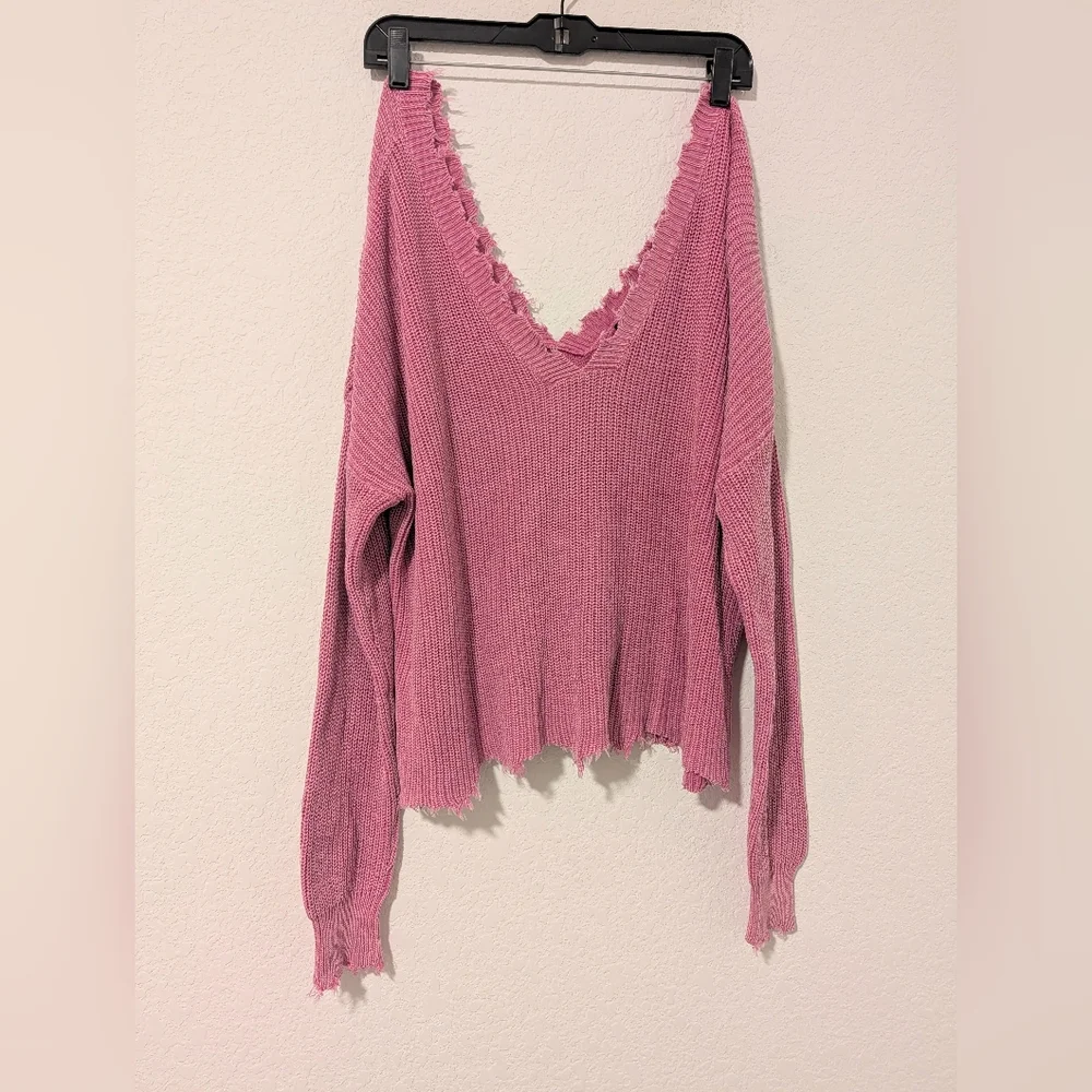 Vici Pink Ribbed 100% Cotton Distressed Frayed Drop Shoulder Slouchy Sweater - Picture 3 of 9
